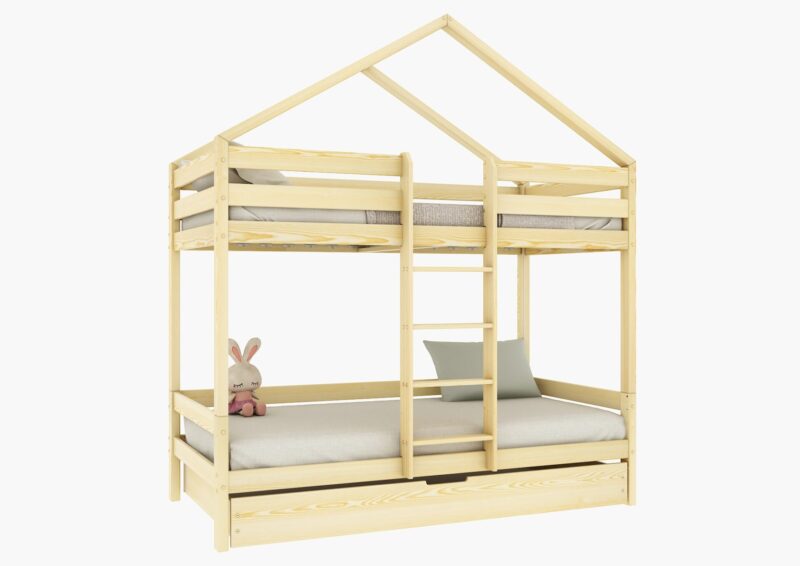 HUFFIE DUO Hausbett-Etagenbett aus Holz mit waagerechtem Rausfallschutz und Schlafschublade