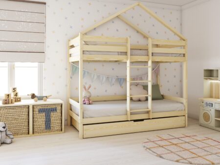 HUFFIE DUO Hausbett-Etagenbett aus Holz mit waagerechtem Rausfallschutz und Schlafschublade