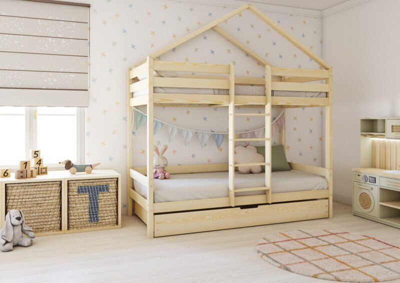 HUFFIE DUO Hausbett-Etagenbett aus Holz mit waagerechtem Rausfallschutz und Schlafschublade
