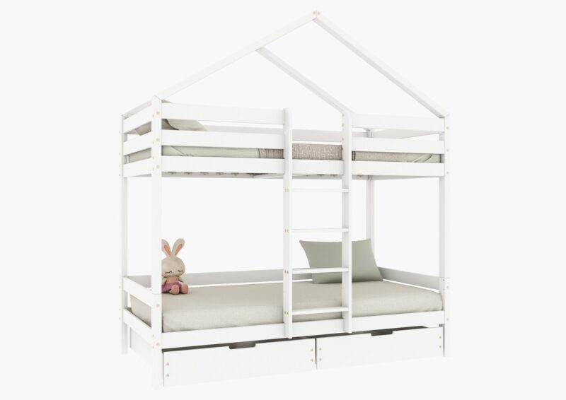 HUFFIE BOX Hausbett-Etagenbett aus Holz mit waagerechtem Rausfallschutz und Bettwäsche-Schubladen