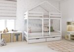HUFFIE BOX Hausbett-Etagenbett aus Holz mit waagerechtem Rausfallschutz und Bettwäsche-Schubladen