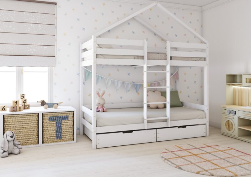 HUFFIE BOX Hausbett-Etagenbett aus Holz mit waagerechtem Rausfallschutz und Bettwäsche-Schubladen