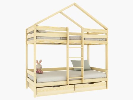 HUFFIE BOX Hausbett-Etagenbett aus Holz mit waagerechtem Rausfallschutz und Bettwäsche-Schubladen – Versand in 48 h