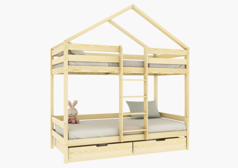 HUFFIE BOX Hausbett-Etagenbett aus Holz mit waagerechtem Rausfallschutz und Bettwäsche-Schubladen