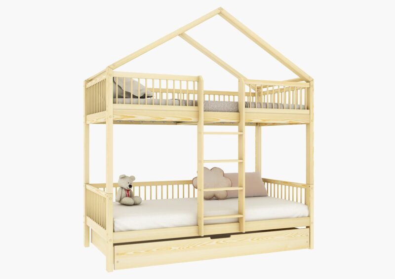 MURLO DUO Etagenbett aus Holz mit runden Sprossen und Schlafschublade