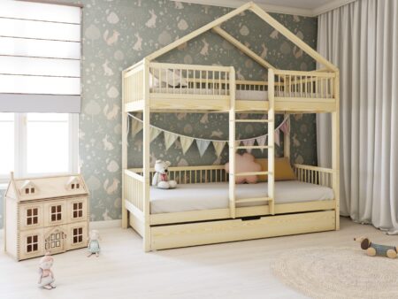 MURLO DUO Etagenbett aus Holz mit runden Sprossen und Schlafschublade