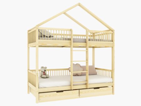 MURLO BOX Etagenbett aus Holz mit runden Sprossen und Bettwäsche-Schubladen – Versand in 48 h
