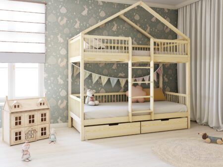 MURLO BOX Etagenbett aus Holz mit runden Sprossen und Bettwäsche-Schubladen