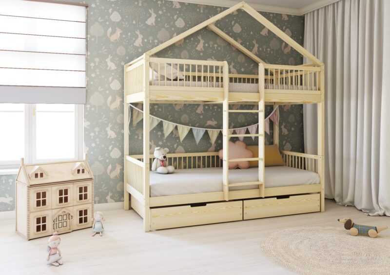 MURLO BOX Etagenbett aus Holz mit runden Sprossen und Bettwäsche-Schubladen
