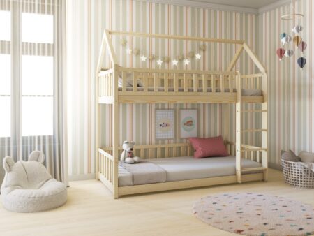 POLLIE Hausbett-Etagenbett aus Holz mit Zaun-Rausfallschutz