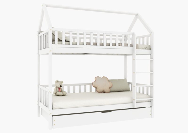 POLLIE DUO Hausbett-Etagenbett aus Holz mit Zaun-Rausfallschutz und Schlafschublade