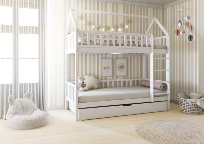 POLLIE DUO Hausbett-Etagenbett aus Holz mit Zaun-Rausfallschutz und Schlafschublade