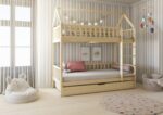 POLLIE DUO Hausbett-Etagenbett aus Holz mit Zaun-Rausfallschutz und Schlafschublade