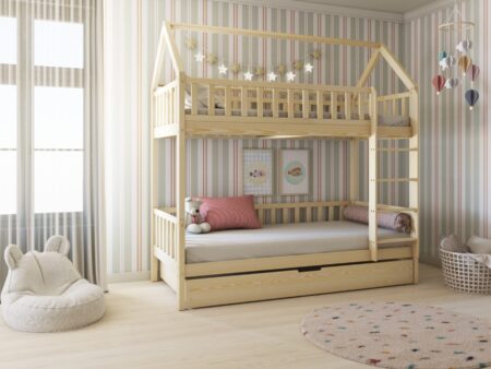 POLLIE DUO Hausbett-Etagenbett aus Holz mit Zaun-Rausfallschutz und Schlafschublade
