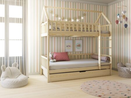 POLLIE DUO Hausbett-Etagenbett aus Holz mit Zaun-Rausfallschutz und Schlafschublade