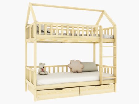 POLLIE BOX Hausbett-Etagenbett aus Holz mit Zaun-Rausfallschutz und Bettwäsche-Schubladen – Versand in 48 h