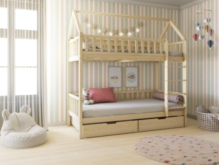 POLLIE BOX Hausbett-Etagenbett aus Holz mit Zaun-Rausfallschutz und Bettwäsche-Schubladen