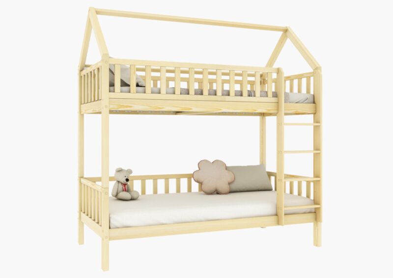 POLLIE Hausbett-Etagenbett aus Holz mit Zaun-Rausfallschutz auf hohen Beinen