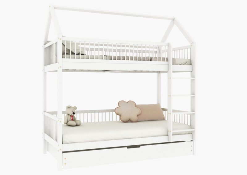 ZOJA DUO Hausbett-Etagenbett aus Holz mit runden Sprossen und Schlafschublade