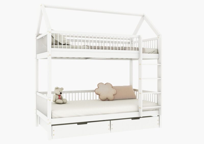 ZOJA BOX Hausbett-Etagenbett aus Holz mit runden Sprossen und Bettwäsche-Schubladen