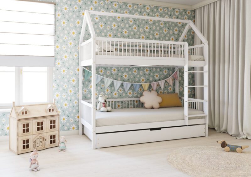 ZOJA DUO Hausbett-Etagenbett aus Holz mit runden Sprossen und Schlafschublade