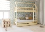 ZOJA DUO Hausbett-Etagenbett aus Holz mit runden Sprossen und Schlafschublade – Versand in 48 h