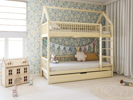 ZOJA DUO Hausbett-Etagenbett aus Holz mit runden Sprossen und Schlafschublade – Versand in 48 h