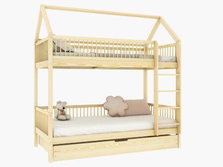 ZOJA DUO Hausbett-Etagenbett aus Holz mit runden Sprossen und Schlafschublade – Versand in 48 h