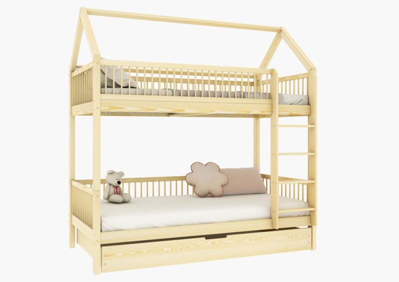 ZOJA DUO Hausbett-Etagenbett aus Holz mit runden Sprossen und Schlafschublade – Versand in 48 h