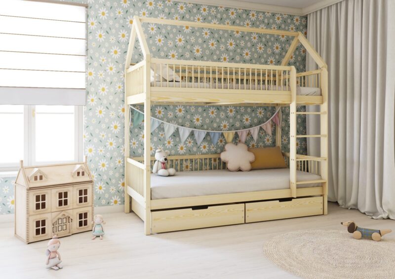 ZOJA BOX Hausbett-Etagenbett aus Holz mit runden Sprossen und Bettwäsche-Schubladen – Versand in 48 h