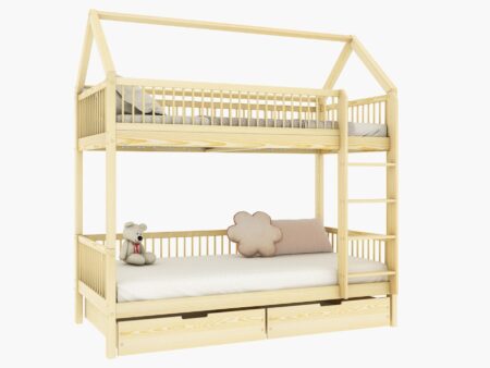 ZOJA BOX Hausbett-Etagenbett aus Holz mit runden Sprossen und Bettwäsche-Schubladen – Versand in 48 h
