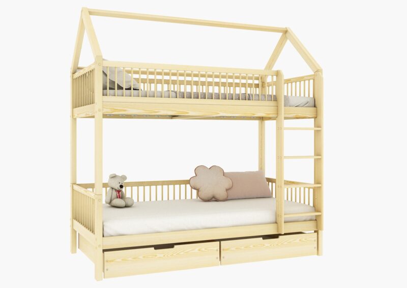 ZOJA BOX Hausbett-Etagenbett aus Holz mit runden Sprossen und Bettwäsche-Schubladen – Versand in 48 h