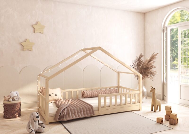 DORMIO Hausbett aus Holz mit rechteckigen Sprossen, niedrig
