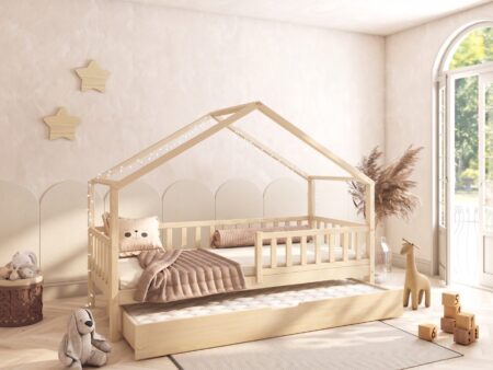 DORMIO Hausbett aus Holz mit rechteckigen Sprossen und Schlafschublade