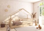 DORMIO Hausbett aus Holz mit rechteckigen Sprossen und Bettwäsche-Schublade