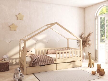 DORMIO Hausbett aus Holz mit rechteckigen Sprossen und Bettwäsche-Schublade