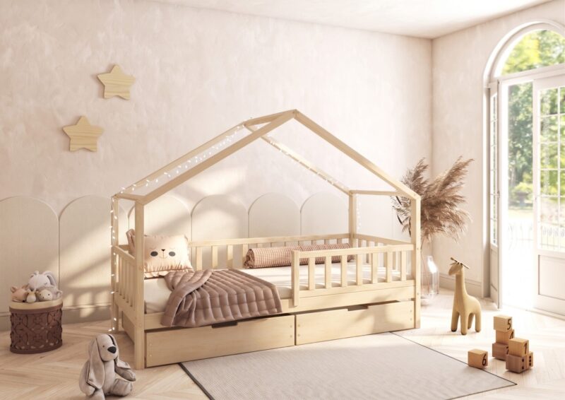 DORMIO Hausbett aus Holz mit rechteckigen Sprossen und Bettwäsche-Schublade
