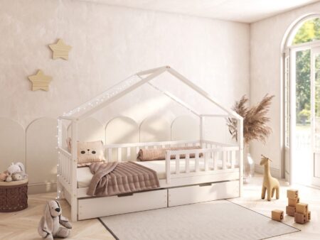 DORMIO Hausbett aus Holz mit rechteckigen Sprossen und Bettwäsche-Schublade