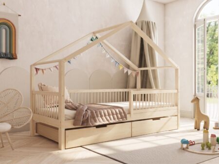 MURLO Klassisches Kinderbett aus Holz mit runden Sprossen und Bettwäsche-Schublade – Versand in 48 h