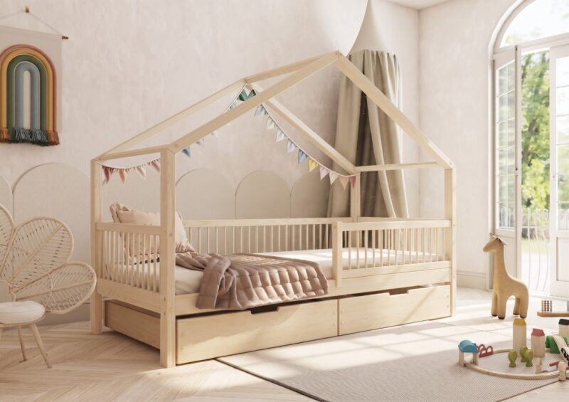 MURLO Klassisches Kinderbett aus Holz mit runden Sprossen und Bettwäsche-Schublade – Versand in 48 h