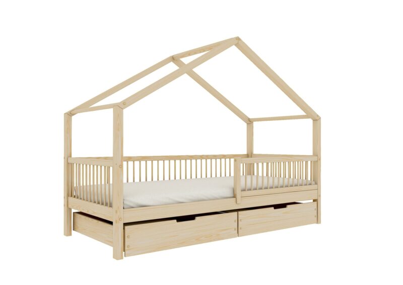 MURLO Klassisches Kinderbett aus Holz mit runden Sprossen und Bettwäsche-Schublade – Versand in 48 h
