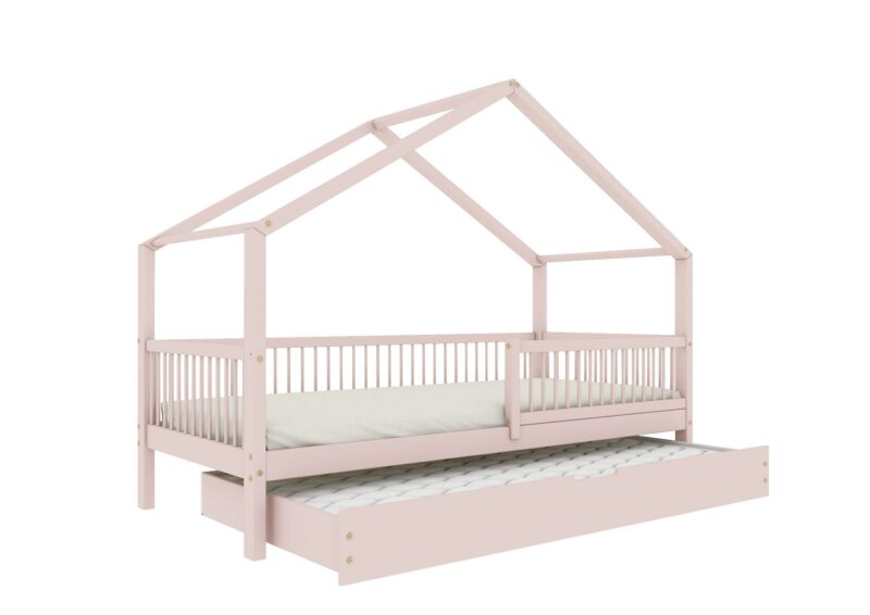 MURLO Klassisches Kinderbett aus Holz mit runden Sprossen und Schlafschublade