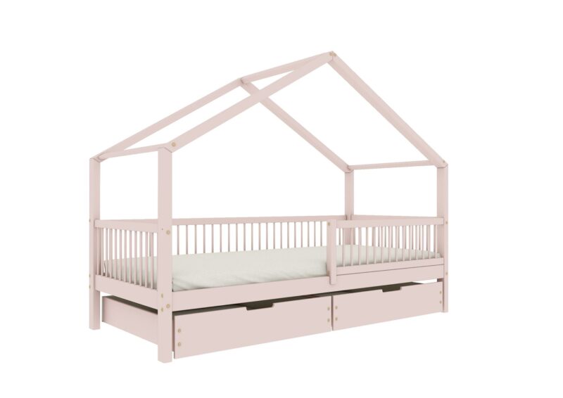 MURLO Klassisches Kinderbett aus Holz mit runden Sprossen und Bettwäsche-Schublade