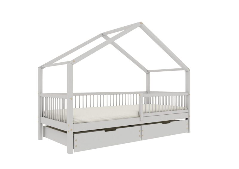MURLO Klassisches Kinderbett aus Holz mit runden Sprossen und Bettwäsche-Schublade