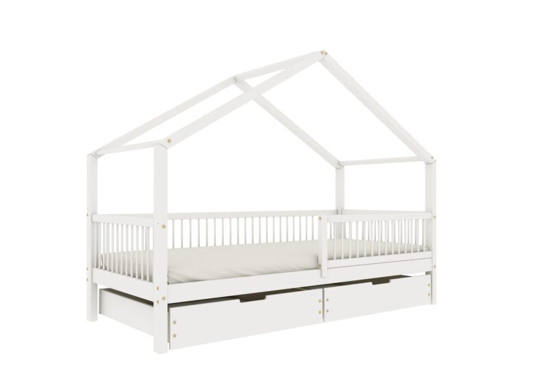 MURLO Klassisches Kinderbett aus Holz mit runden Sprossen und Bettwäsche-Schublade