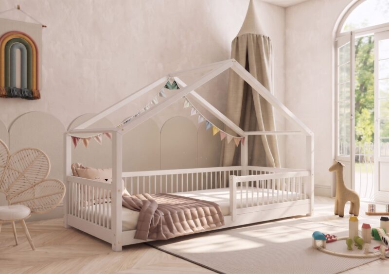 MURLO Klassisches Kinderbett aus Holz mit runden Sprossen, niedrig