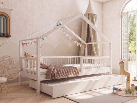 MURLO Klassisches Kinderbett aus Holz mit runden Sprossen und Schlafschublade