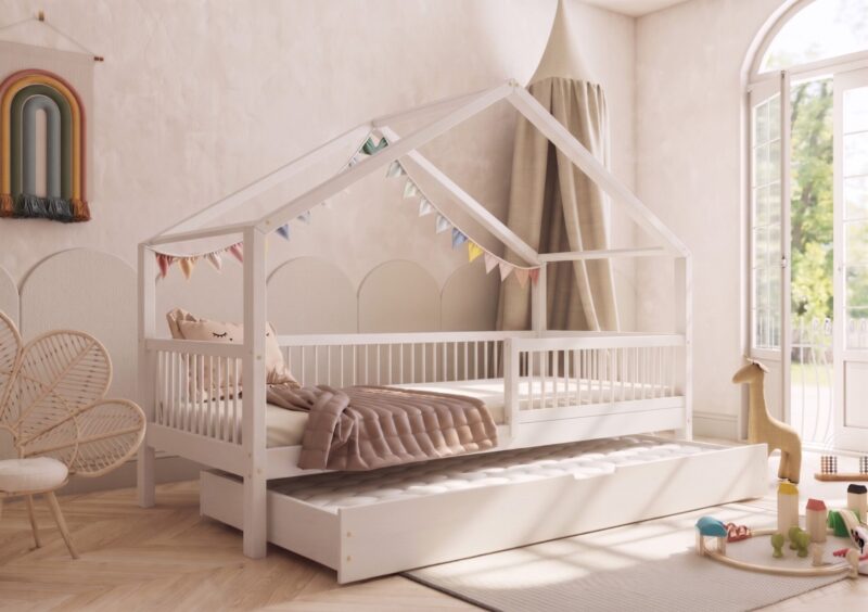 MURLO Klassisches Kinderbett aus Holz mit runden Sprossen und Schlafschublade