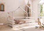 MURLO Klassisches Kinderbett aus Holz mit runden Sprossen und Bettwäsche-Schublade