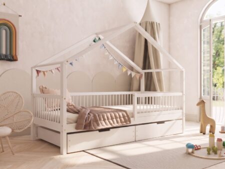 MURLO Klassisches Kinderbett aus Holz mit runden Sprossen und Bettwäsche-Schublade